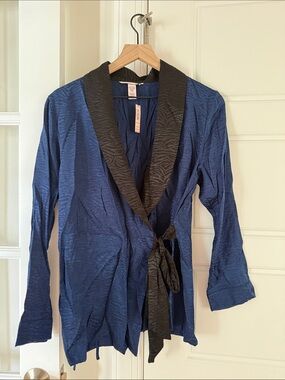 Victoria's Secret Blue Satin Wrap Top with Black Trim